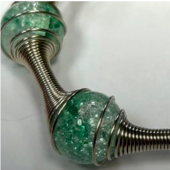 Industrial Design Bracelet Wire Springs with Clear and Green Glass Balls - Picture 2 of 4